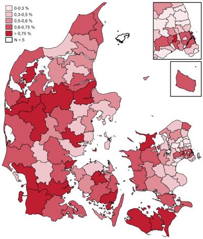 VIVE landkort, som viser andel af udsatte borgere i kommunerne