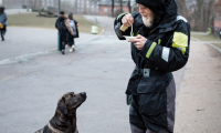 Ældre hjemløs spiser mad uddelt af madvogn på gaden med sin hund.
